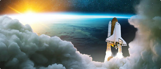 Rocket takes off into outer space  Spaceship lift off with blast and smoke on the background of the blue planet earth and sunset  Start mission concept 