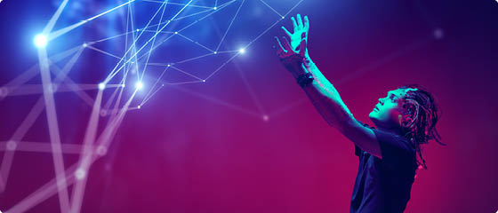 Cyborg raised his hands and looks at the light pouring from above  Biological human robot with wires implanted in the head  Technologies of the future  Copy space 