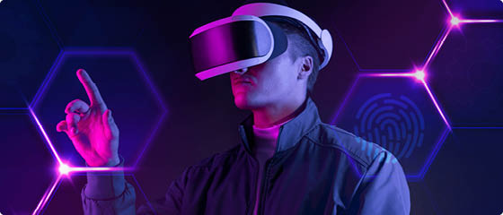 Man wearing smart glasses touching a virtual screen futuristic technology digital remix