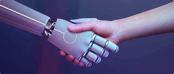 Robot handshake human background, futuristic digital age