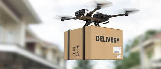 Delivery drone, Autonomous delivery robot, Business air transportation concept  3D illustration