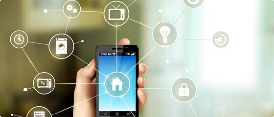 Internet of things concept with realistic human hand holding smartphone vector illustration