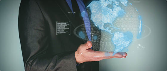 Futuristic portrait man in a suit holding a holographic earth in his hands  Concept of: Future technology, Holograma, Businessman, New generation 