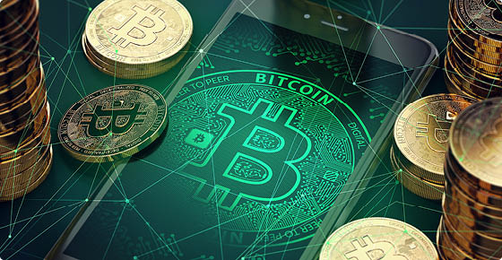 Smartphone with Bitcoin symbol on-screen among piles of golden Bitcoins  Blockchain transfers concept  3D rendering