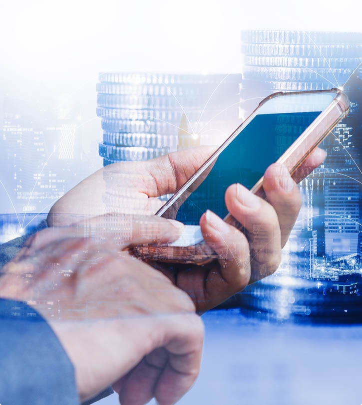 businessman using smartphone with double exposure of coin stacking background for technology digital online financial concept online trading and cryptocurrency investment 