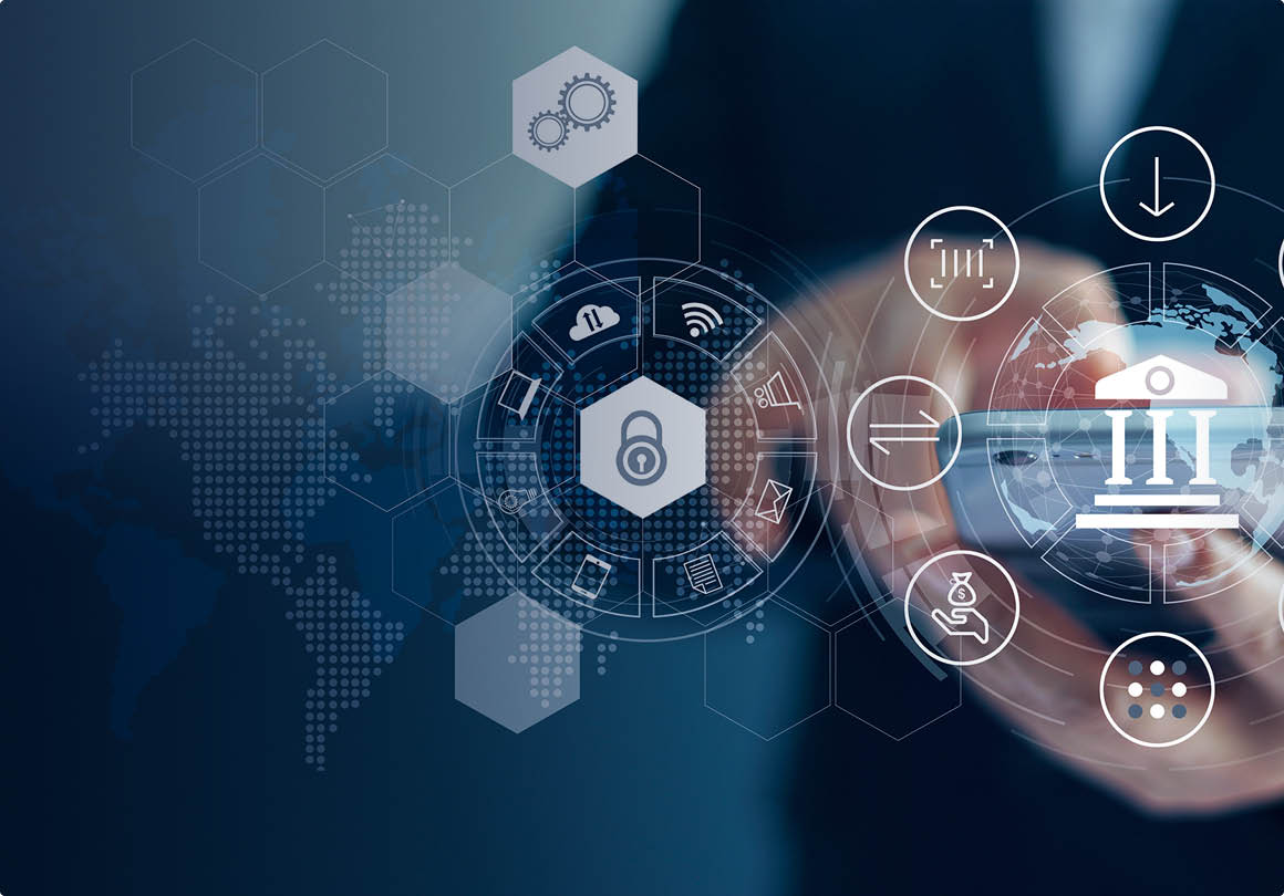 Businessman using mobile online banking and payment, Digital marketing  Finance and banking networking  Online shopping and icon customer network connection, cyber security  Business technology 