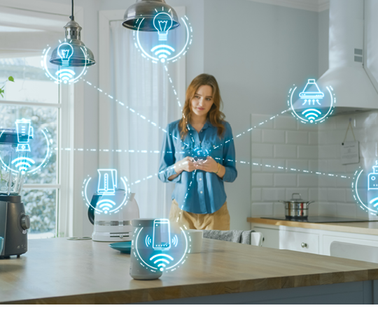 Internet of Things Concept: Young Woman Using Smartphone in Kitchen  She controls her Kitchen Appliances with IOT  Graphics Showing Digitalization Visualization of Connected Home Electronics Devices