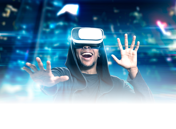 Portrait of an excited African American man in virtual reality glasses playing a game in a night city  Toned image  Double exposure