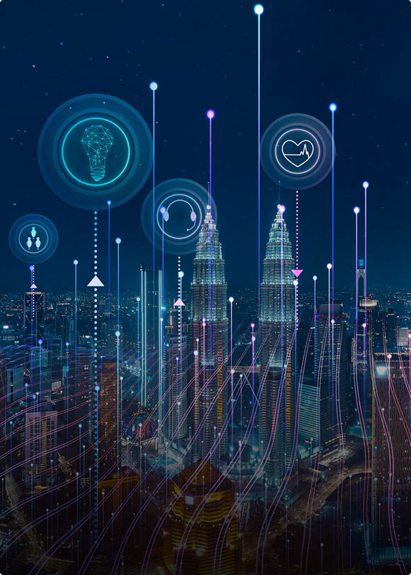 Panorama aerial view in the cityscape skyline with smart services and icons, internet of things, networks and augmented reality concept , night scene  