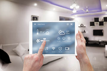 Smart remote home control system app  Living room interior in background 